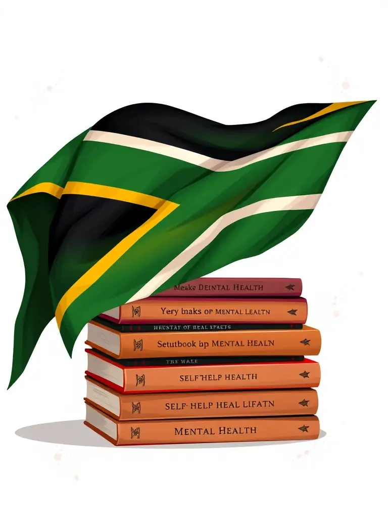 A digital illustration of a South African flag draped over a stack of self-help books, symbolizing national coping resources.