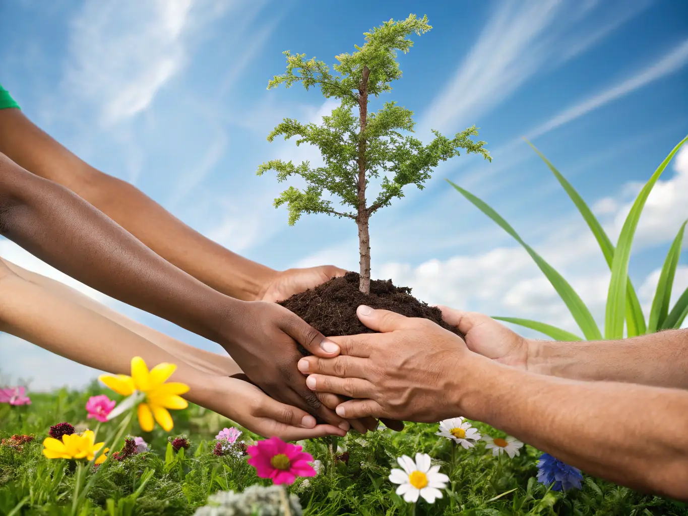 A close-up image of hands holding a sapling, representing growth and resilience, set against a blurred background of a vibrant South African community garden.