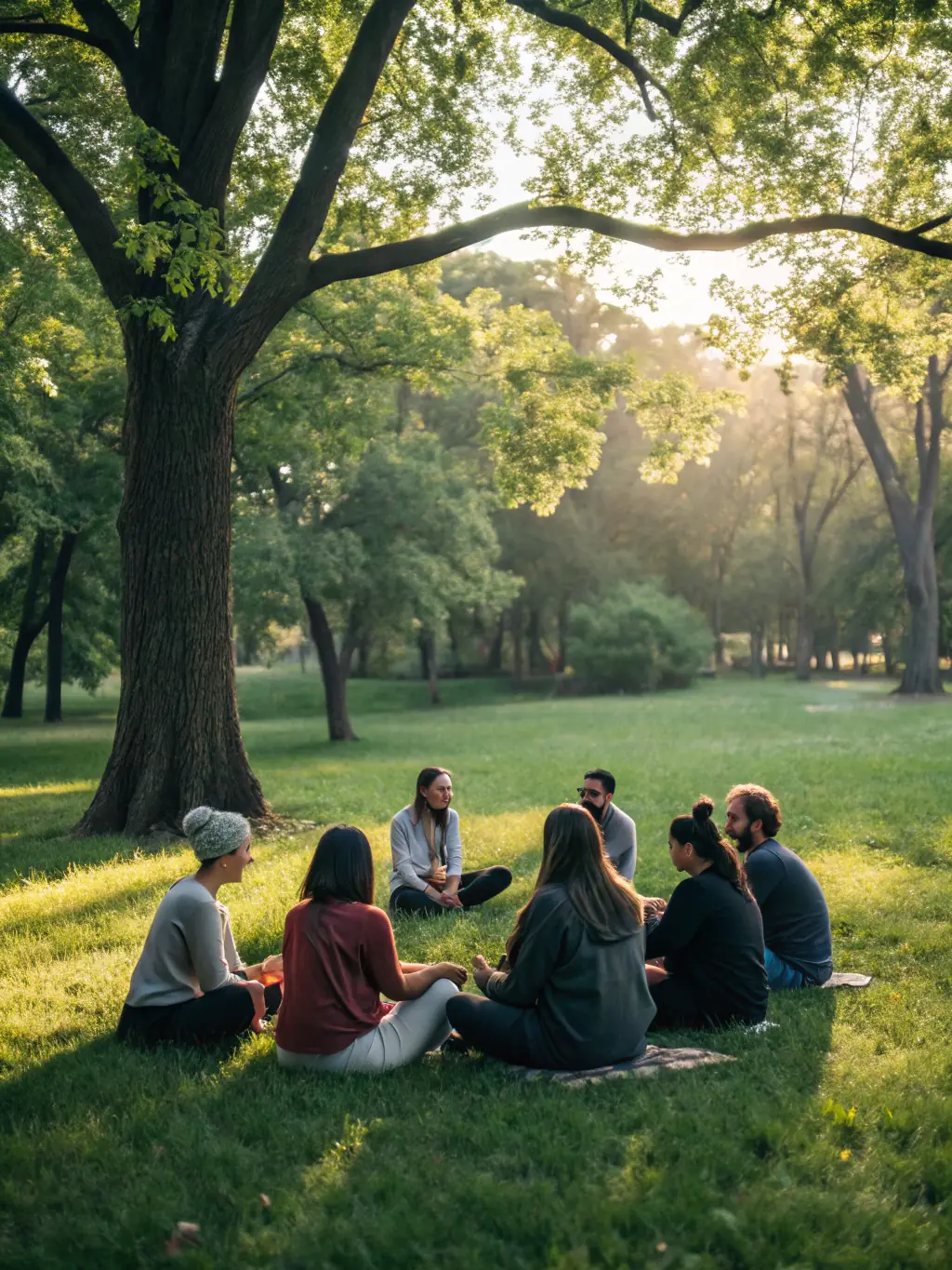 A photograph of a diverse group of South Africans participating in a mindfulness exercise outdoors in a park.
