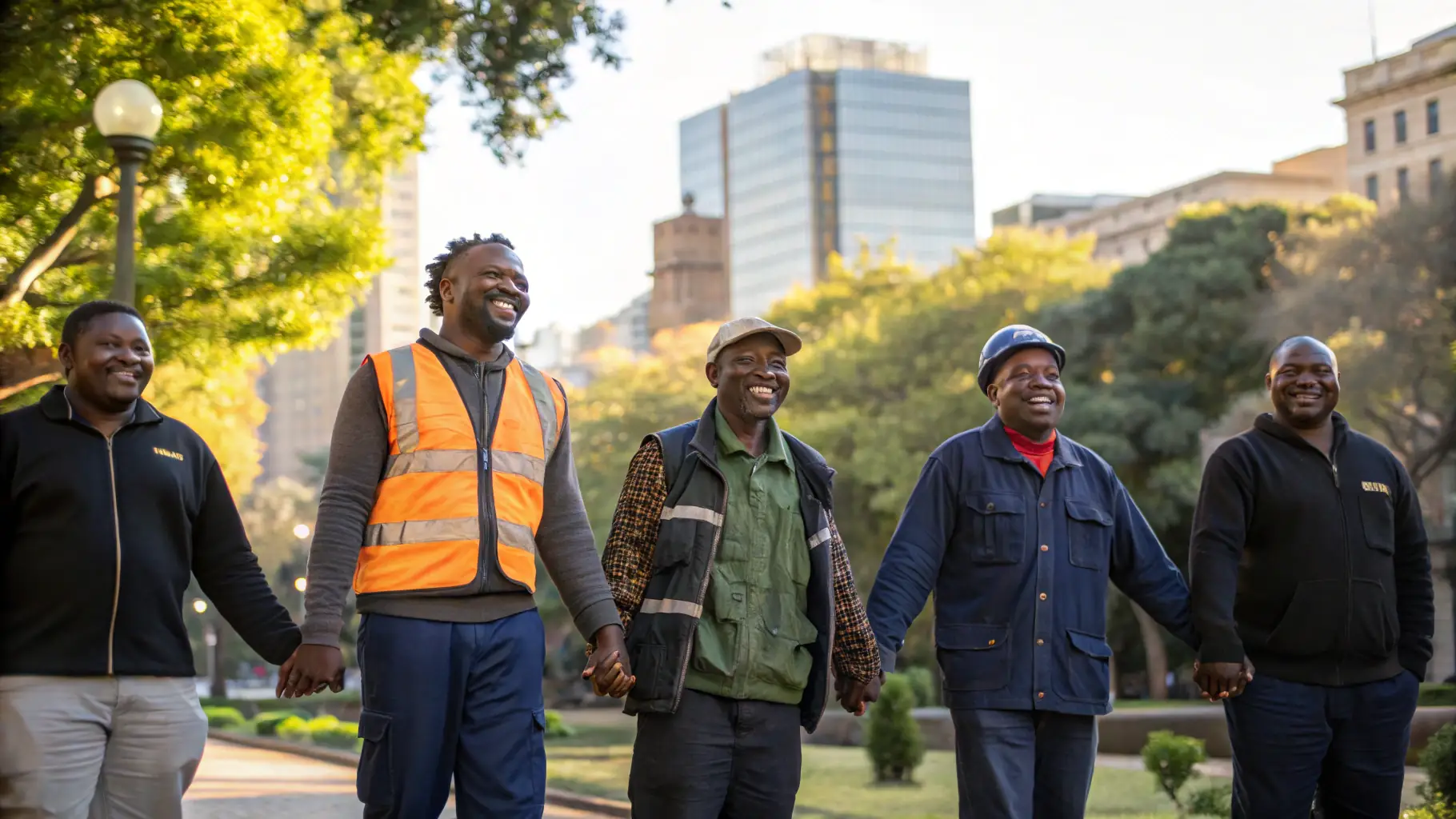 A diverse group of South Africans standing together, supporting each other, with a bright sunrise in the background, symbolizing hope and resilience.